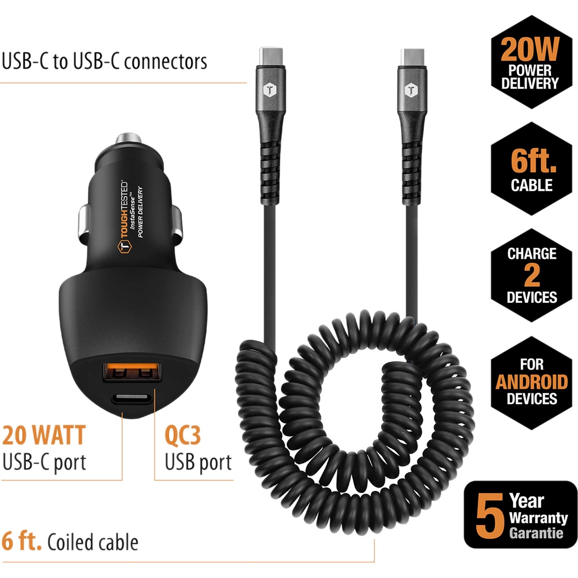 ToughTested 20W PD A+C Car Charger with 6 ft. Coiled C to C Cable - Image 2 of 4