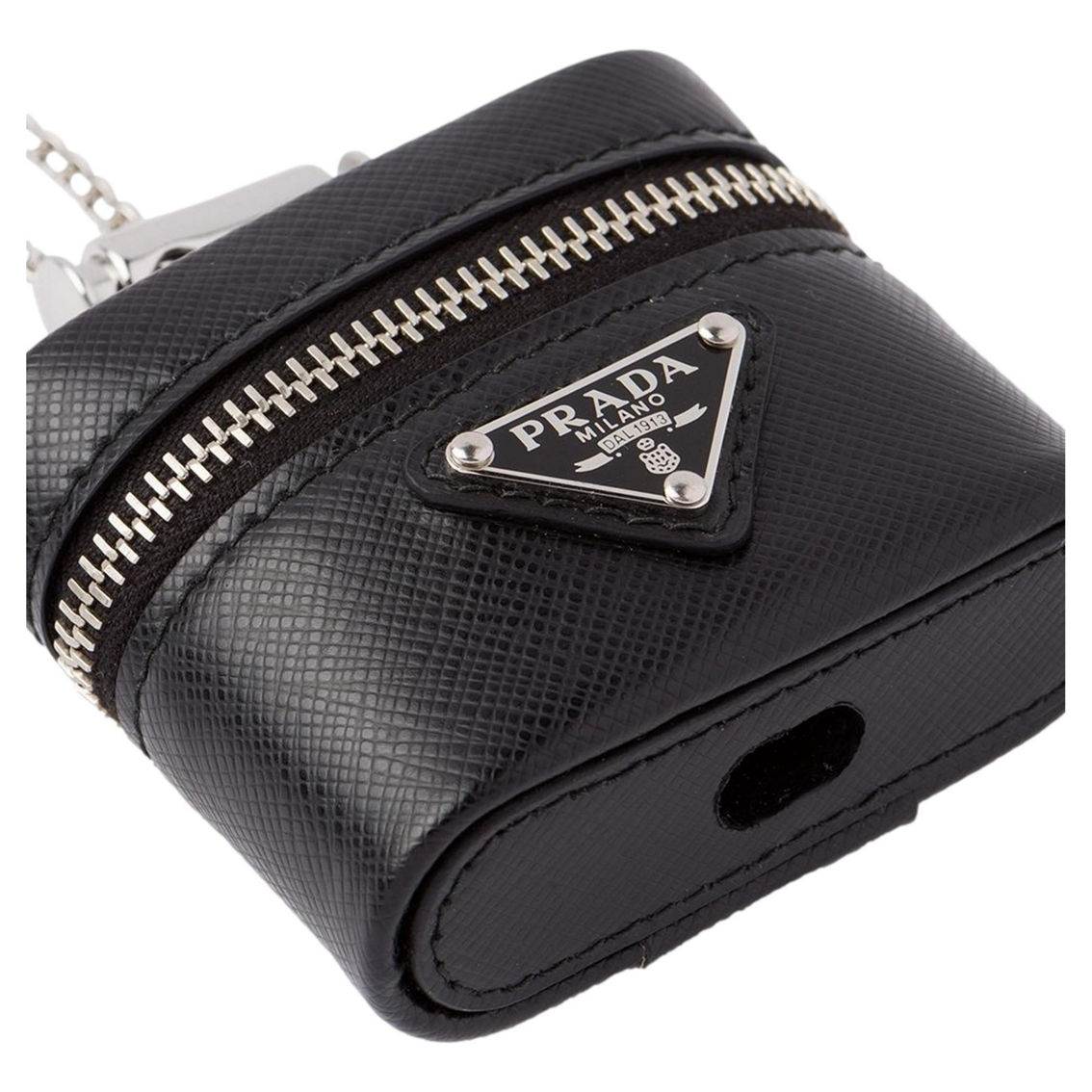 Prada Triangle Saffiano Black Leather Mini Airpods Case with Chain (New) - Image 2 of 4