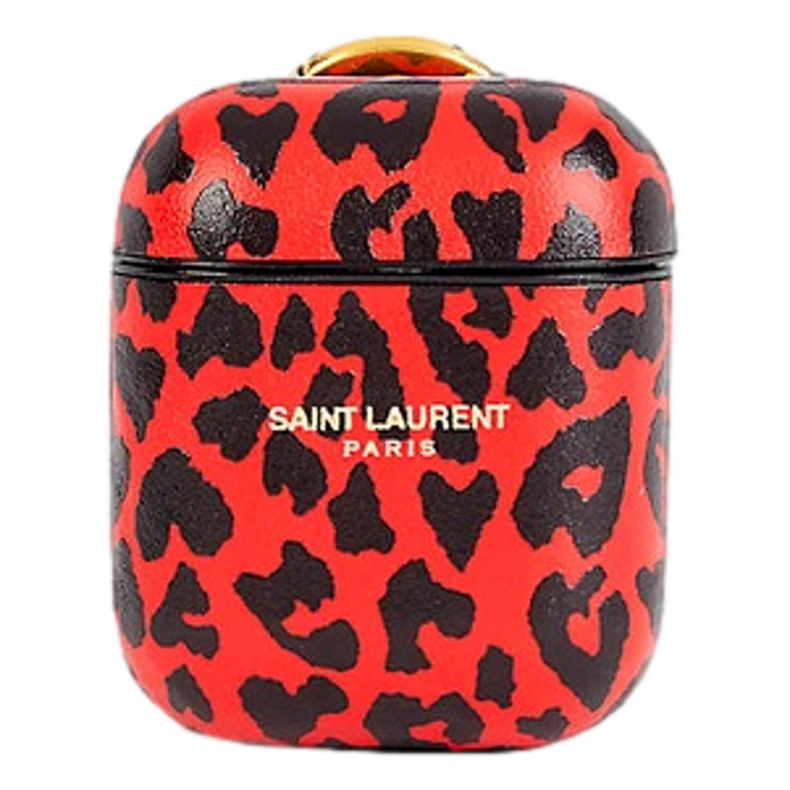 Saint Laurent Leopard Print Black and Red Leather Airpods Case (New) - Image 2 of 5