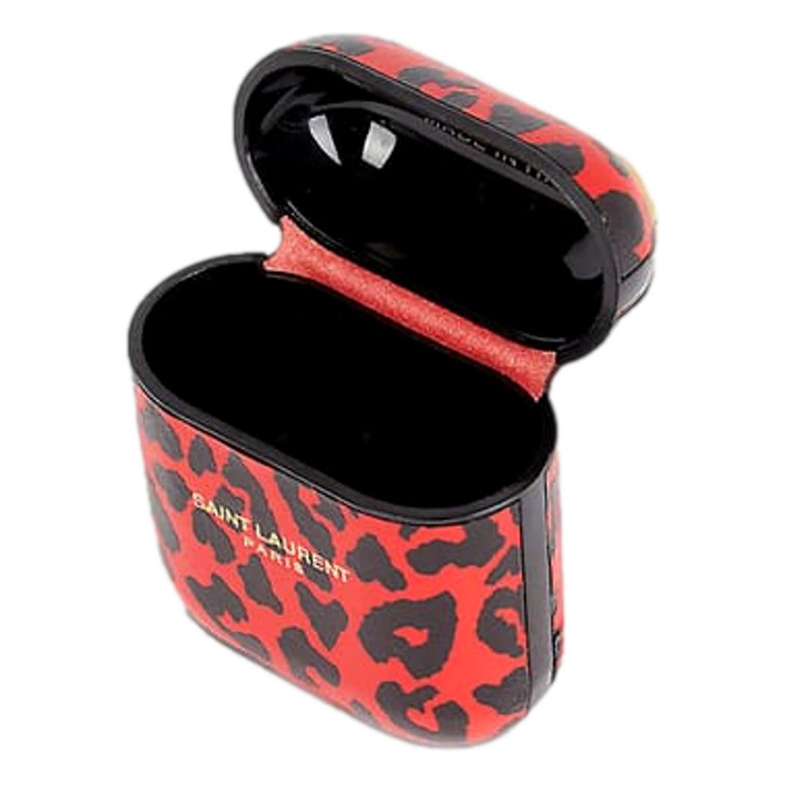 Saint Laurent Leopard Print Black and Red Leather Airpods Case (New) - Image 4 of 5